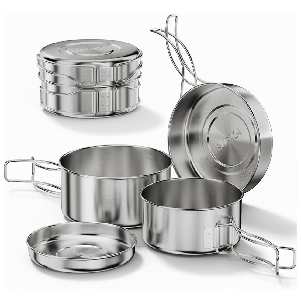 4Pcs Stainless Steel Camping Cookware Cooking Pot Set Picnic Pan Tool