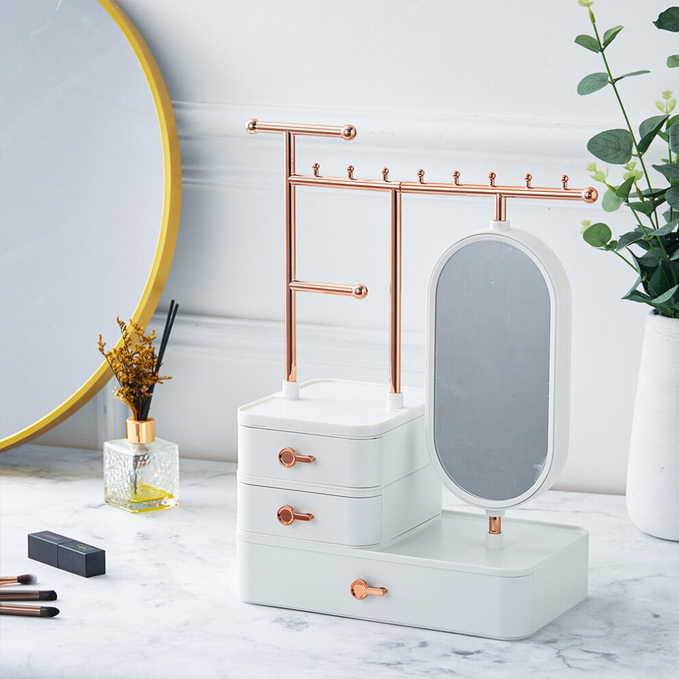 (White) Jewelry Organizer Makeup Storage Box with Mirror Hanging Rod Necklace Earring Display