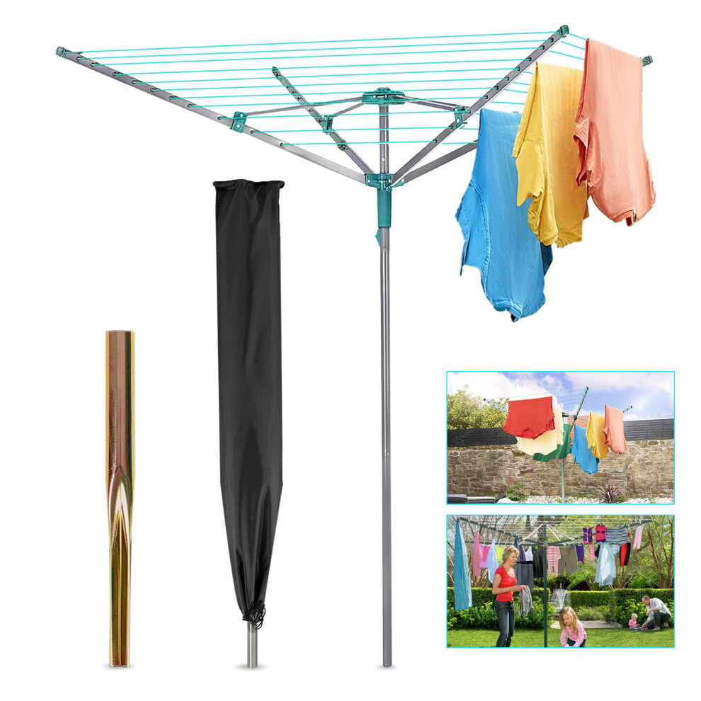ROTARY AIRER 50M OUTDOOR 4 ARM CLOTHES WASHING LINE DRYER GROUND SPIKE &  COVER on OnBuy