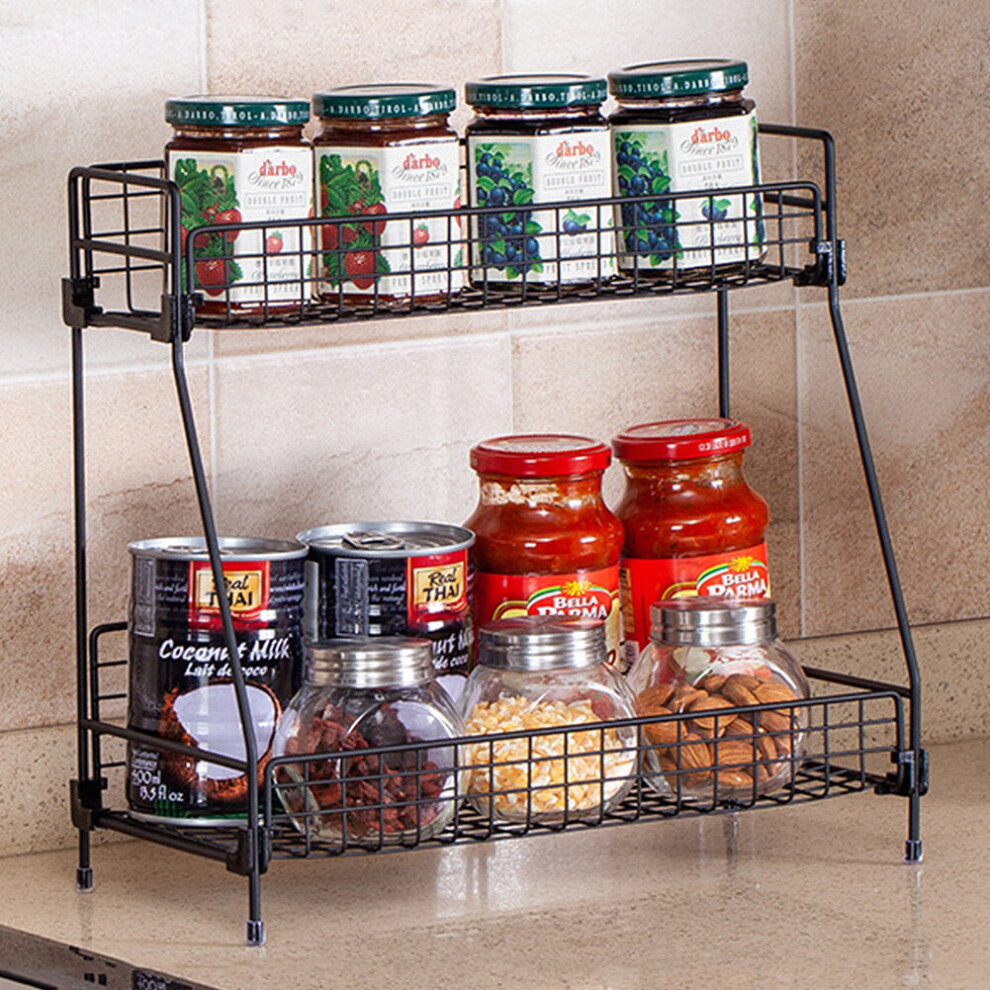 (M: 41.5cm*16cm*30cm) Free Standing 2 Tiers Spice Herb Jar Rack Holder Storage Organizer Counter Shelf Black