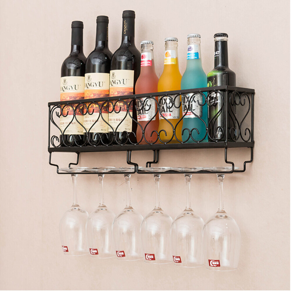 (S: 50×10×17cm) Wall Mounted Wine Rack Iron Bottle Champagne Glass Holder Shelves Home Party Bar