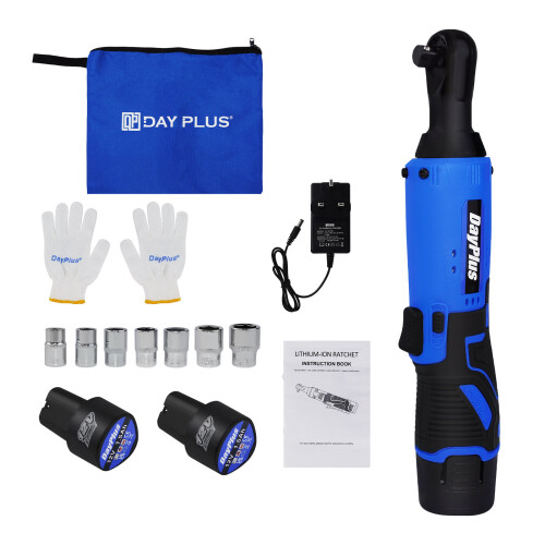 12V Cordless Electric Ratchet Wrench Set with 2 x Batteries 7 Sockets and LED Light, 3/8 inch