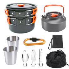 (Orange) 10 PCS 2-3 Person Camping Cookware Set Outdoor Tableware Kit With 800ML Teapot/Cooking Pot/Frying Pan
