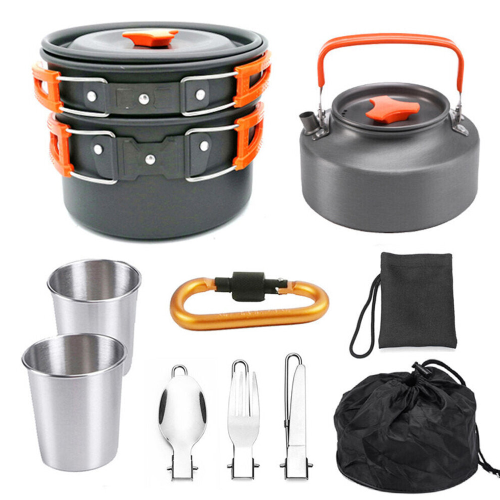 (Orange) 10 PCS 2-3 Person Camping Cookware Set Outdoor Tableware Kit With 800ML Teapot/Cooking Pot/Frying Pan