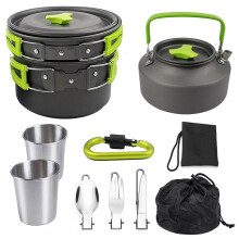 (Green) 2-3 Person Camping Cookware Set Portable Outdoor Tableware Kit Campfire Kettle Pot Folding Fork Spoon Knife Set For Camping Hiking Picnic Travel