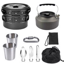 (Black) 10 PCS 2-3 Person Camping Cookware Set Outdoor Tableware Kit With 800ML Teapot/Cooking Pot/Frying Pan