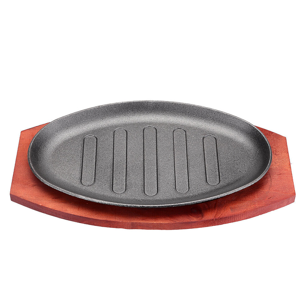 (10 Inch) 3 Sizes Cast Iron Steak Fajita Sizzling Platter Plate BBQ Grill Pan Cooking Wooden Holder