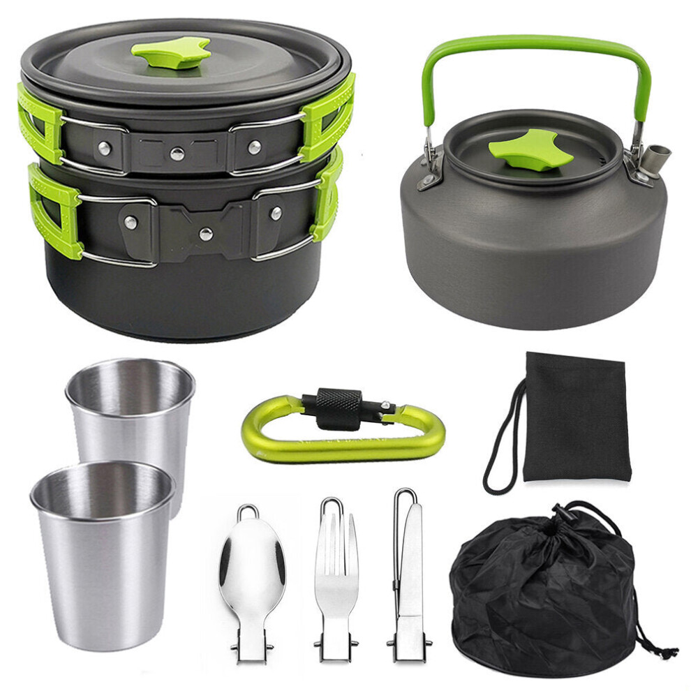 (Green) 10 PCS 2-3 Person Camping Cookware Set Outdoor Tableware Kit With 800ML Teapot/Cooking Pot/Frying Pan