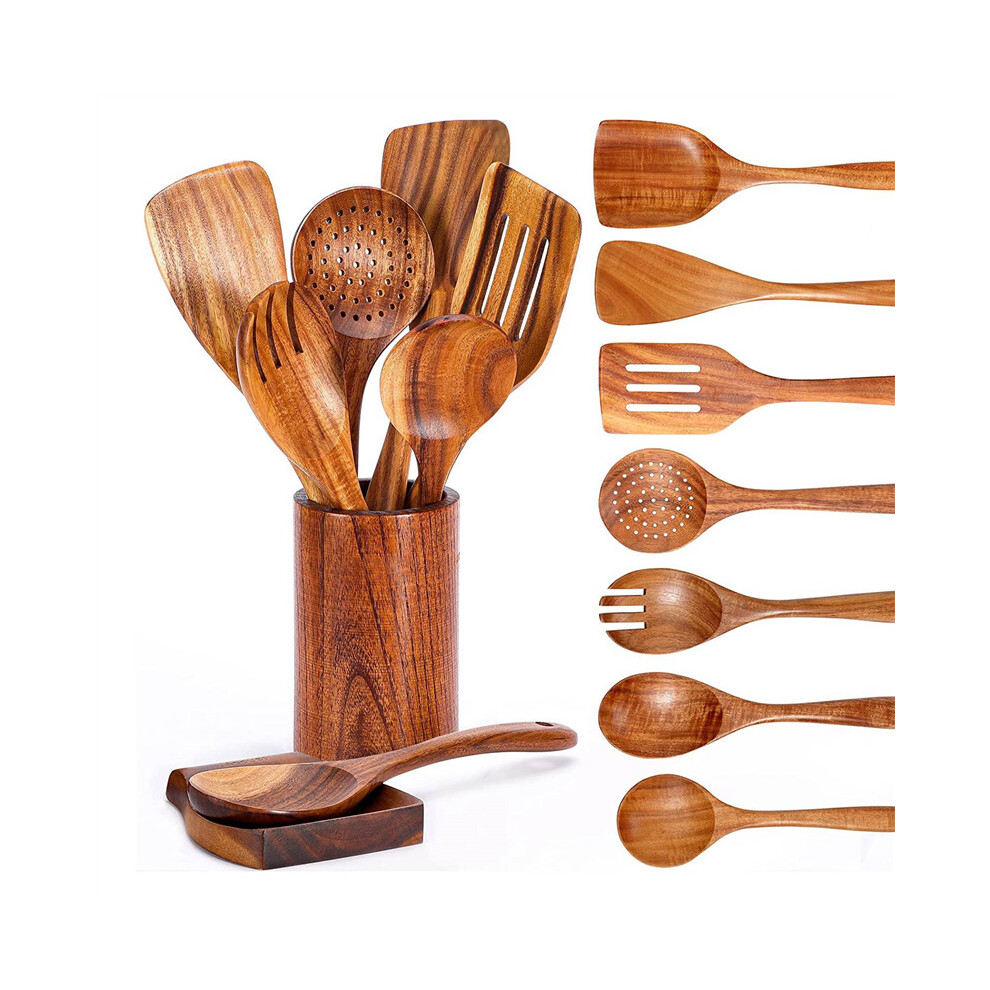 9 PCS Wooden Spoons for Cooking, Wooden Utensils for Cooking with Utensils Holder, Teak Wooden Kitchen Utensils Set
