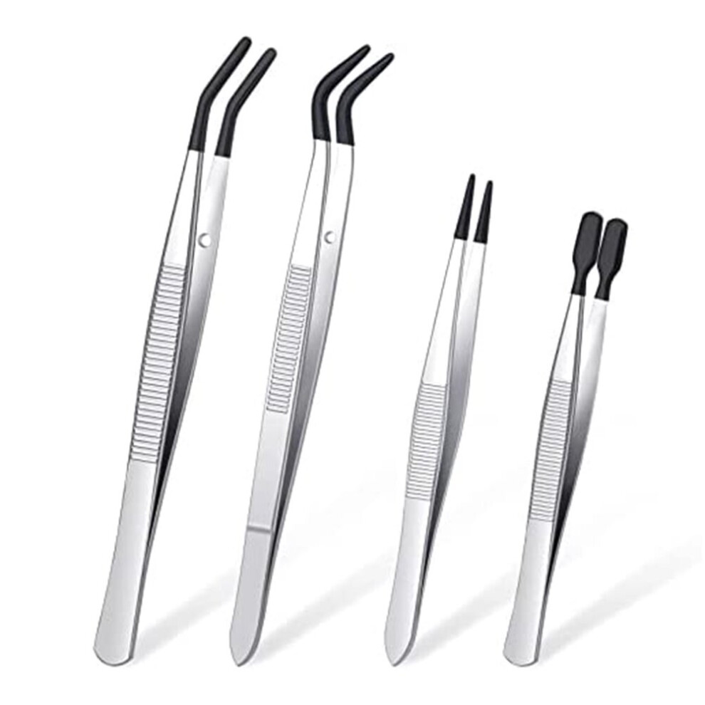 Tlily 4 Pieces Tweezers Set With Rubber Tips Tweezers Pvc Coated Tweezers, Rubber Fine Point Tweezers Rubber Flat Tip Tweezer