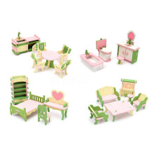 4-Piece Wooden Dollhouse Furniture Set for Kids 3+ - Miniature Room Accessories (Pink & Green)