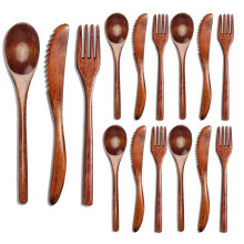 15-Piece Natural Phoebe Wood Cutlery Set – Wooden Spoons, Forks & Knives, Reusable Lightweight Flatware for Kitchen, Travel & Camping (9in)