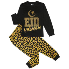 (5-6 Years, Black) Girls Boys Eid Mubarik 2 Piece Pyjama Set Age 2-13