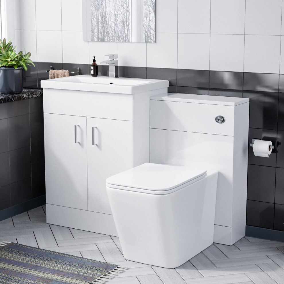 Nanuya 600 Floor Standing White Vanity, Ceramic Basin, BTW Toilet UF Seat & WC