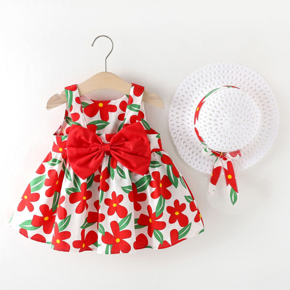 (Red, 100cm) Baby 2pcs Girl Vest Dress Sun Hat Infantil Printing Princess Skirt Set Summer