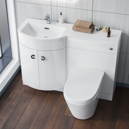 NES Home 1100mm LH White Basin Vanity Flat Pack WC Unit, Modern BTW Toilet  Dene 2