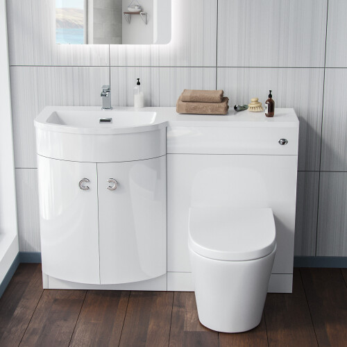 NES Home 1100mm LH White Basin Vanity Flat Pack WC Unit, Modern BTW Toilet  Dene 1