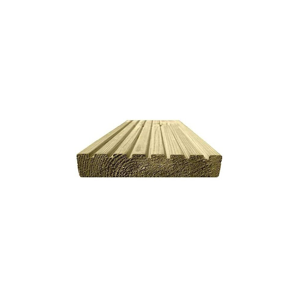 Green Treated UC3 Softwood Pine Deck Board Smooth One Side, Grooved on Reverse Pack of 4 pieces (L) 4.2m (W) 145mm (T) 28mm