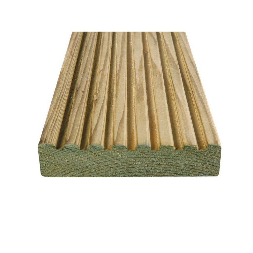 Green Treated UC3 Softwood Pine Deck Board Smooth One Side, Grooved on Reverse Pack of 20 pieces (L) 4.2m (W) 120mm (T) 28mm