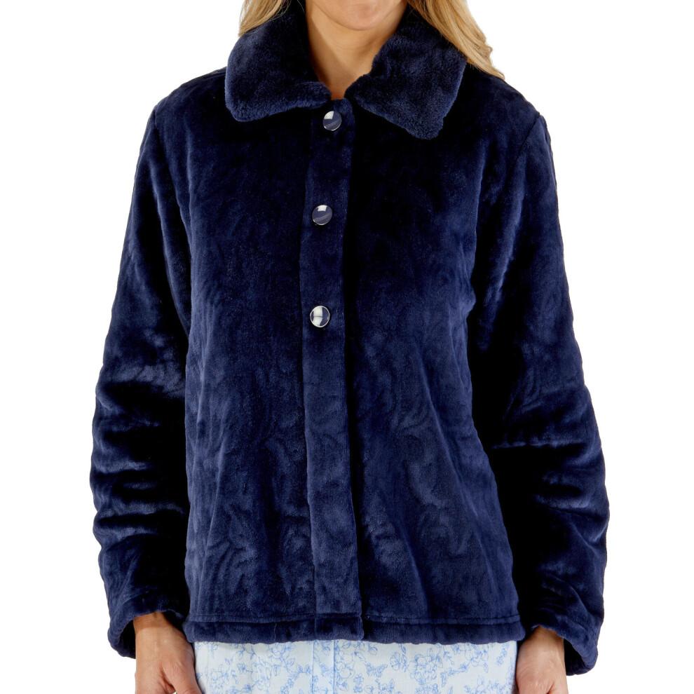 (Indigo, Small - UK 10/12) Ladies Patterned Fleece Faux Fur Collar Button Front Bed Jacket