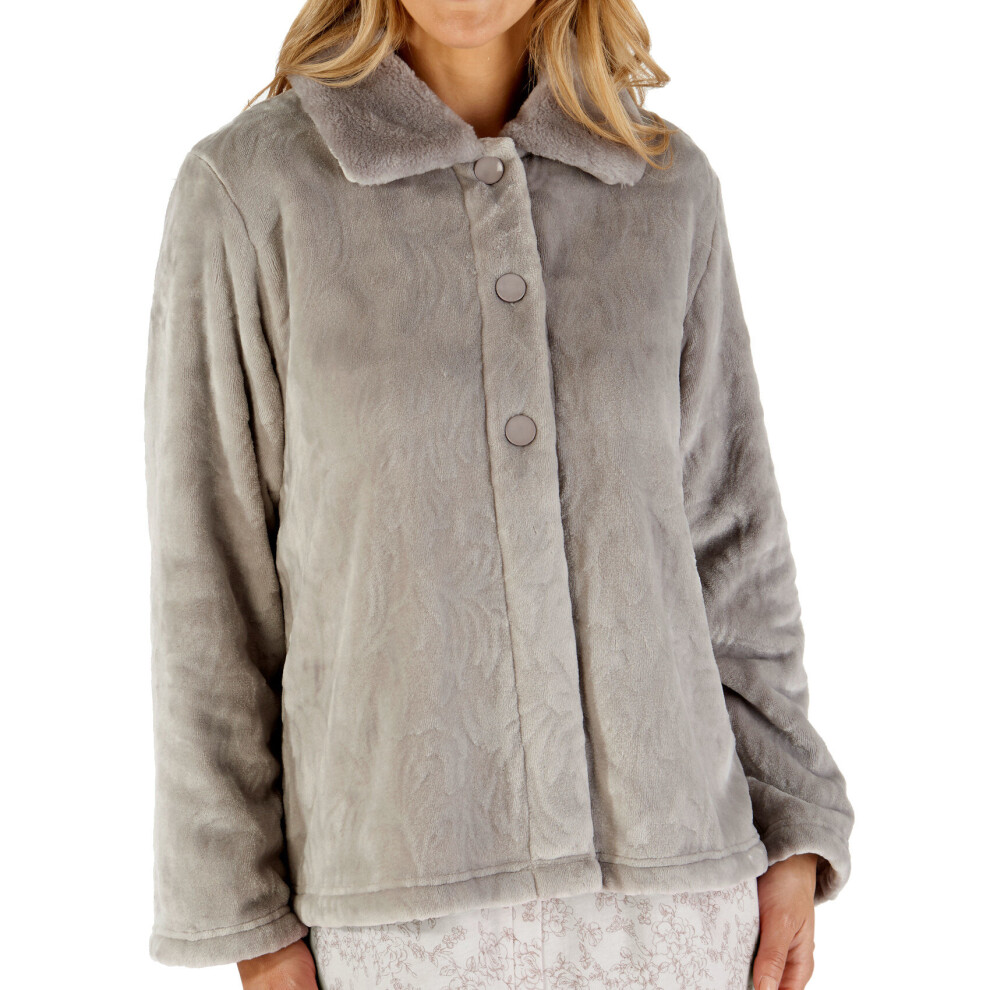 (Grey, Small - UK 10/12) Ladies Patterned Fleece Faux Fur Collar Button Front Bed Jacket