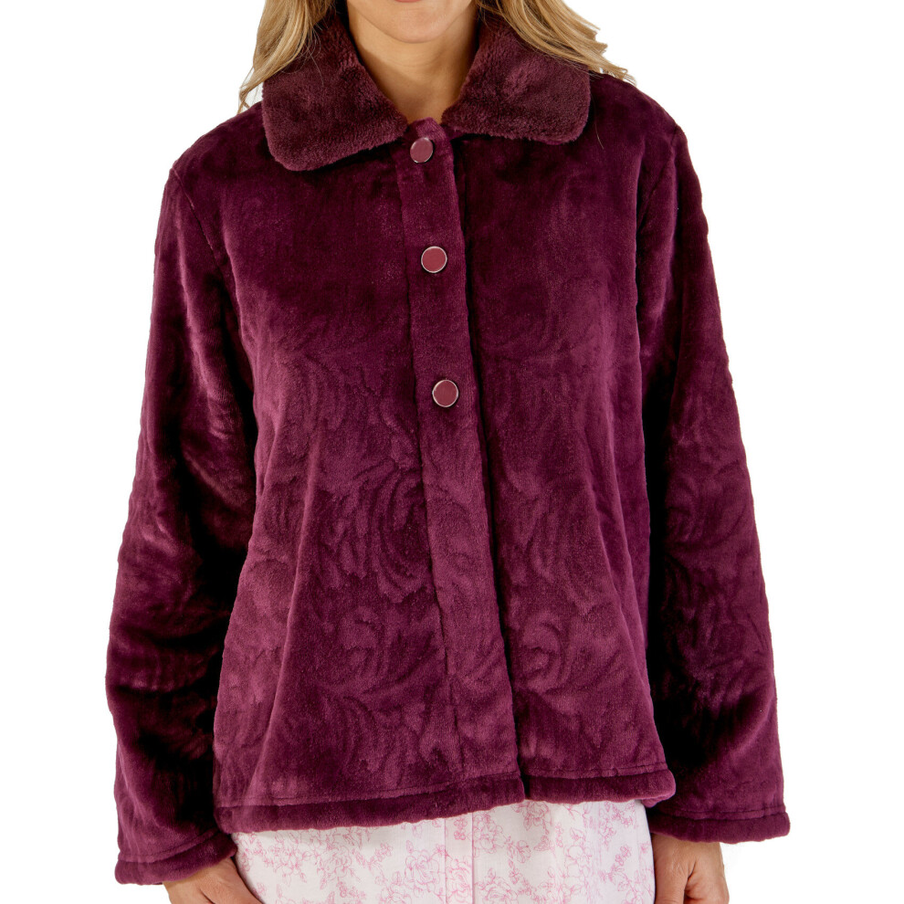 (Damson, Small - UK 10/12) Ladies Patterned Fleece Faux Fur Collar Button Front Bed Jacket