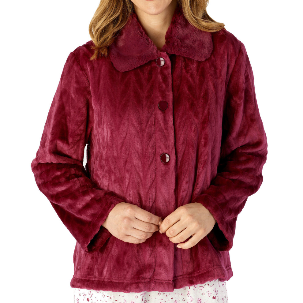 (Raspberry, Extra Large - UK 20/22) Slenderella Ladies Faux Fur Collar Button Front Fleece Bed Jacket