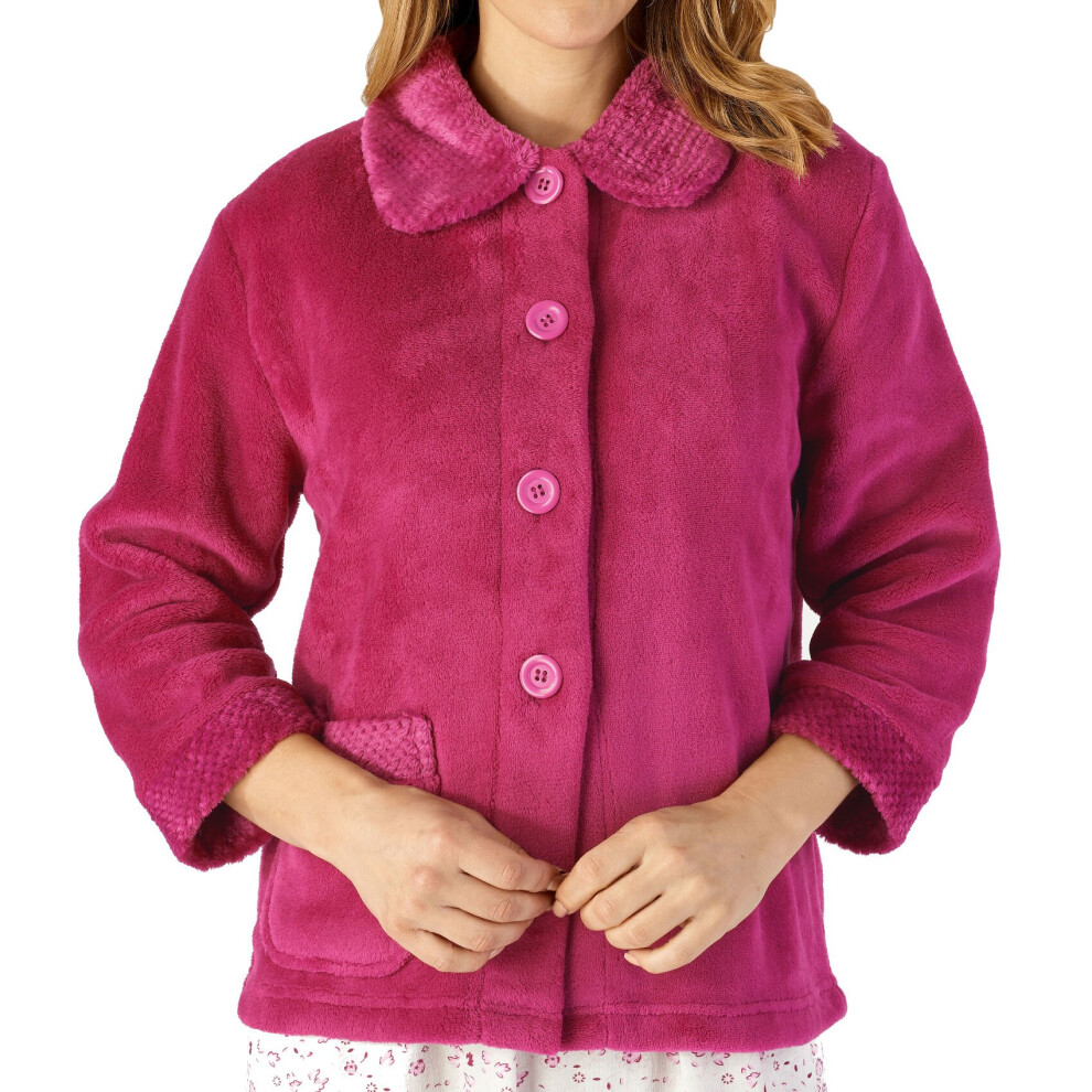 (Raspberry, Medium - UK 12/14) Slenderella Womens Button Up  Soft Fleece Waffle Detail Bed Jacket