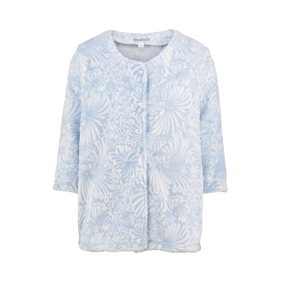 (Blue, Large - UK 16/18) Slenderella Ladies Floral Jacquard Button Up Soft Fleece Bed Jacket