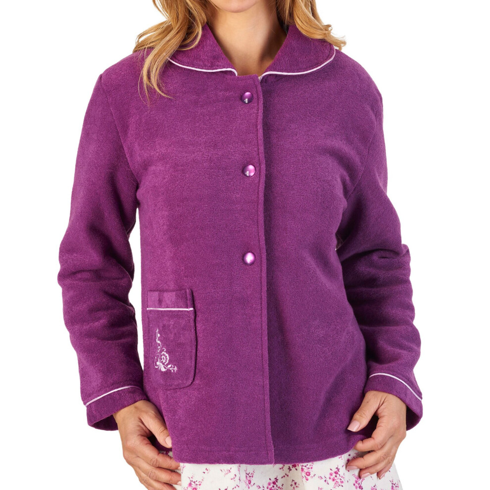 (Plum, Medium - UK 12/14) Slenderella Womens Button Up Boucle Fleece Embroidered Bed Jacket