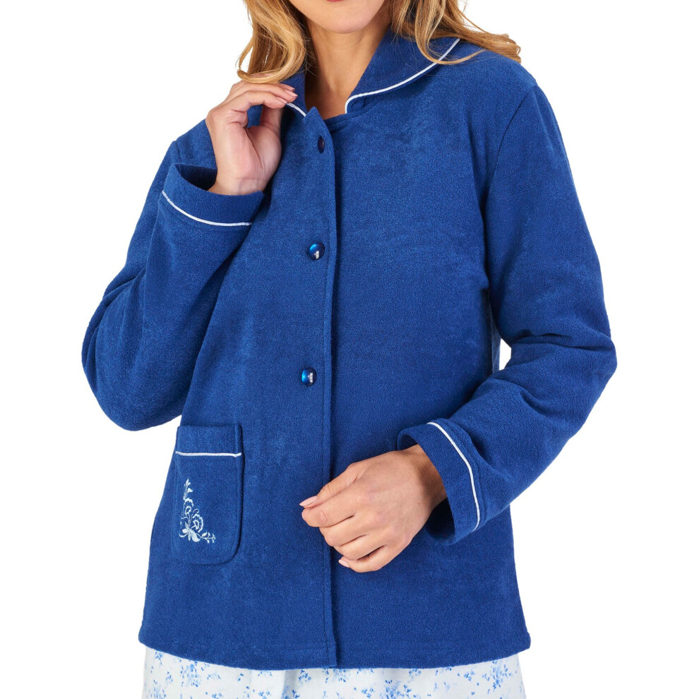 (Navy, Small - UK 10/12) Slenderella Womens Button Up Boucle Fleece Embroidered Bed Jacket