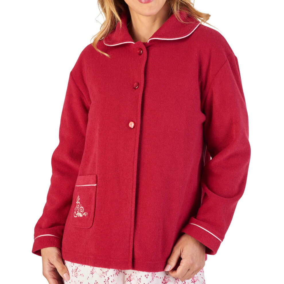 (Raspberry, Large - UK 16/18) Slenderella Womens Button Up Boucle Fleece Embroidered Bed Jacket