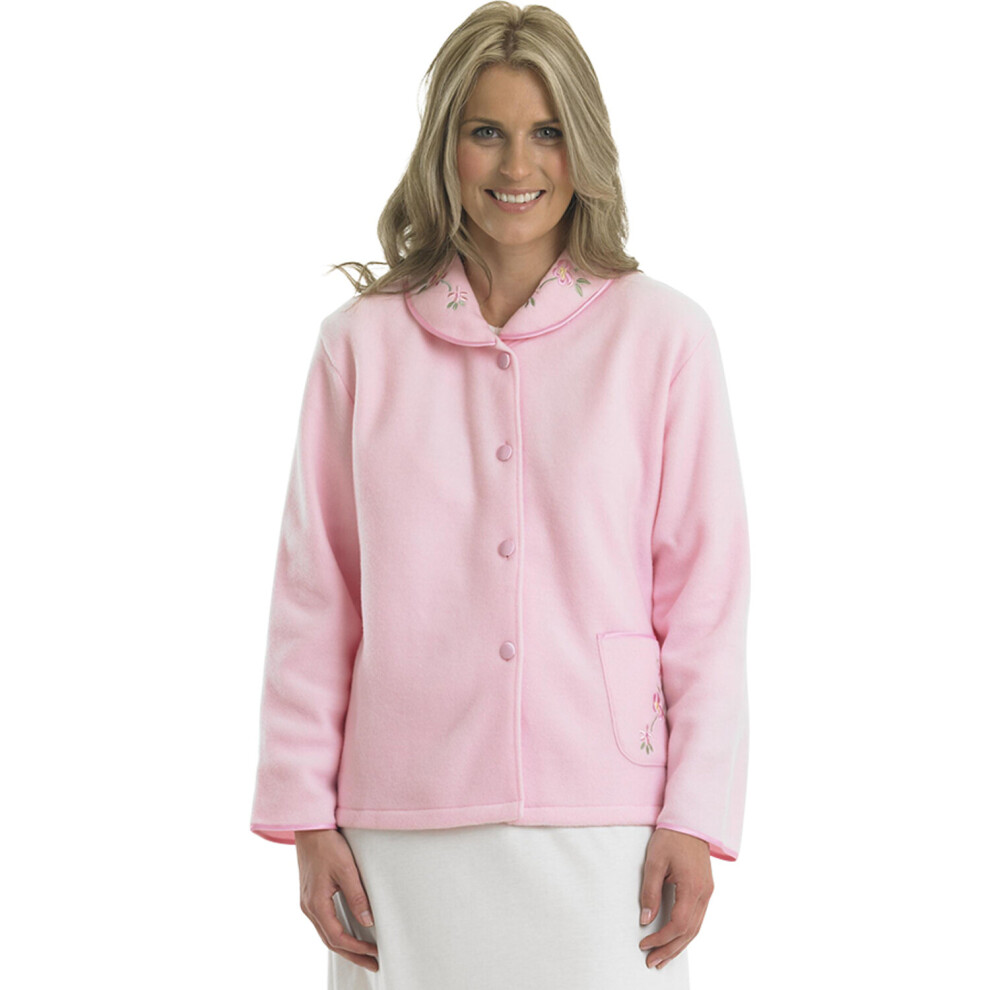 (Pink, UK 10/12) Slenderella Ladies Polar Fleece Floral Detail Button Up Bed Jacket