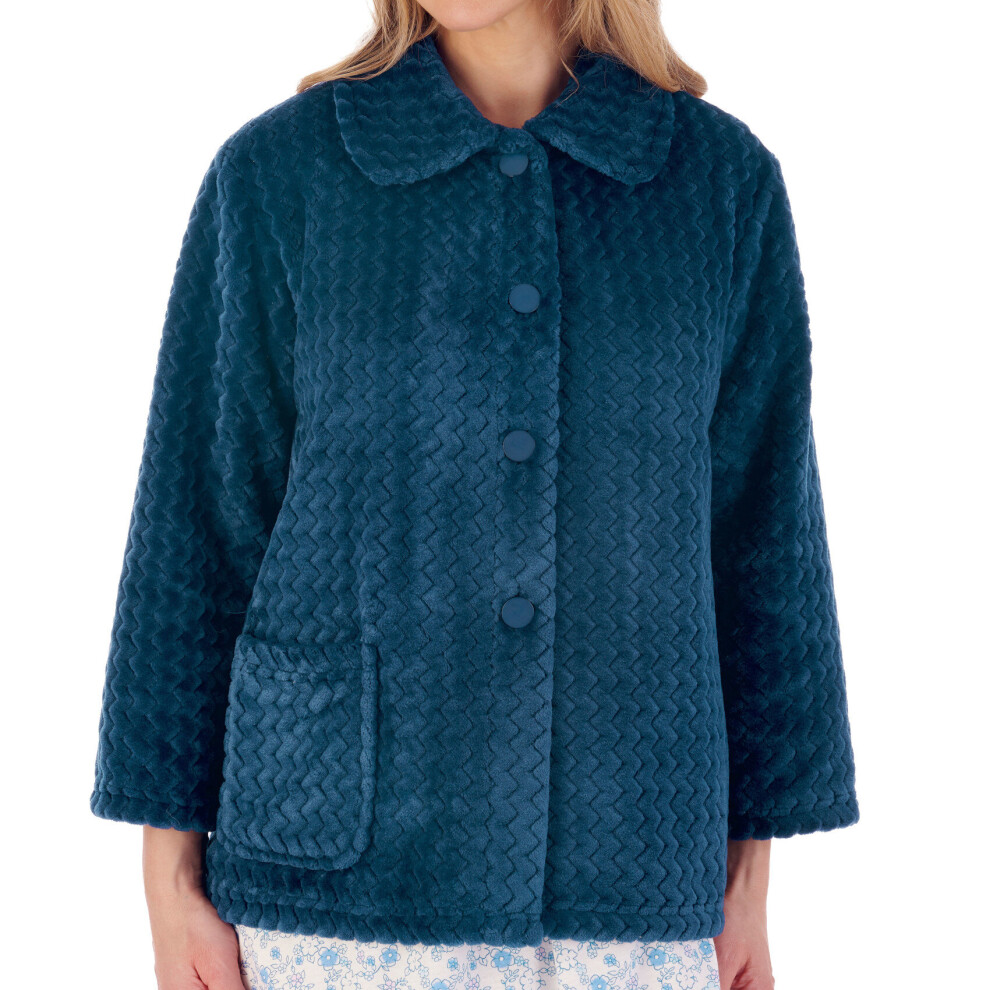 (Teal, Large - UK 16/18) Slenderella Ladies Zig Zag Fleece Button Up 3/4 Sleeve Bed Jacket