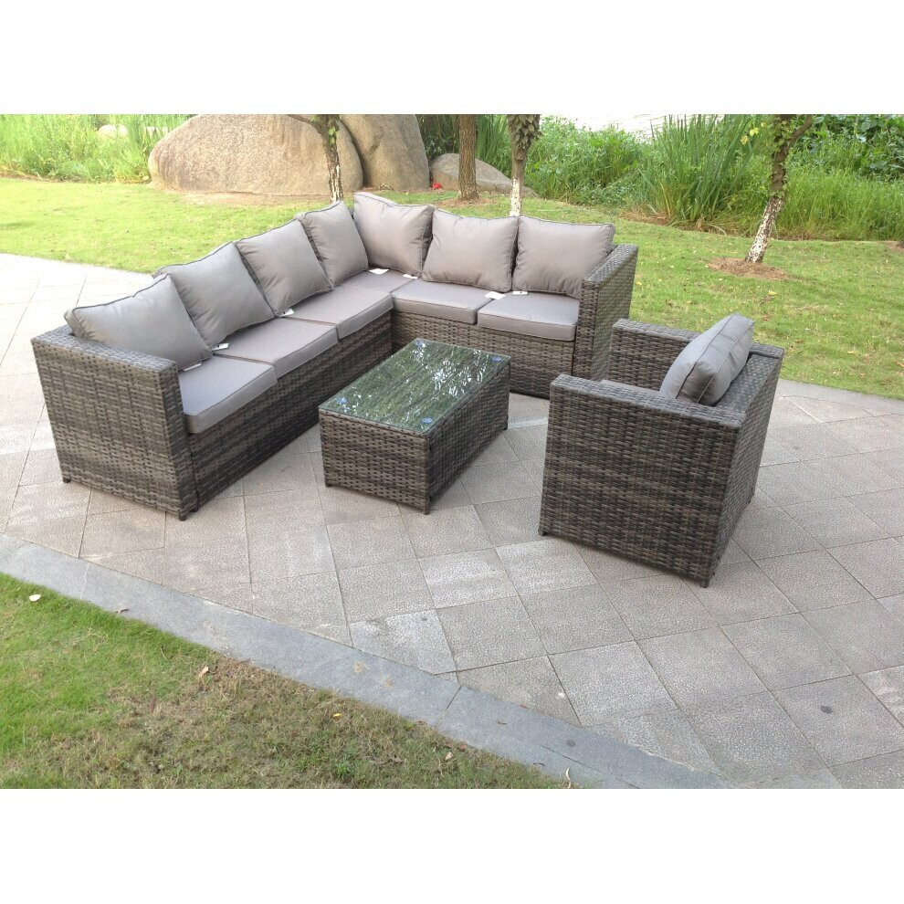 Fimous Dark Grey Mixed Pe Rattan Corner Sofa Set Outdoor Garden Furniture Oblong Coffee Table Armchair With Cushions Brown,Grey