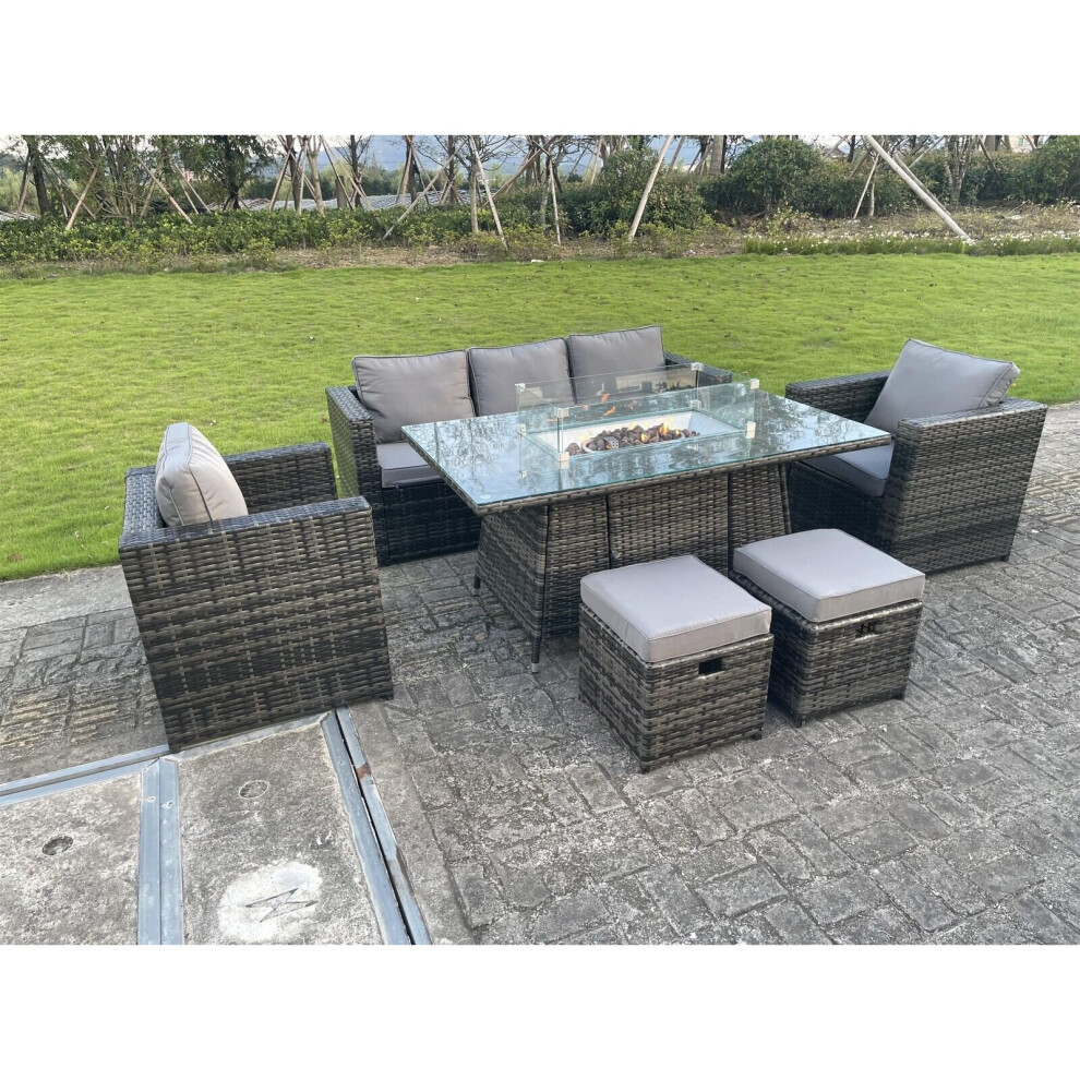 Fimous 7 Seater Pe Wicker Rattan Garden Furniture Gas Fire Pit Table Gas Heater Sets Lounge Sofa Set With Chair Clear Tempered Glass Grey