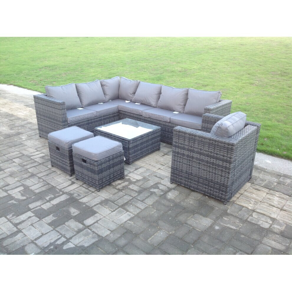 Fimous Dark Grey Mixed Rattan Garden Furniture Corner Sofa Set Square Coffee Table Chair Footstools Left Hand Option