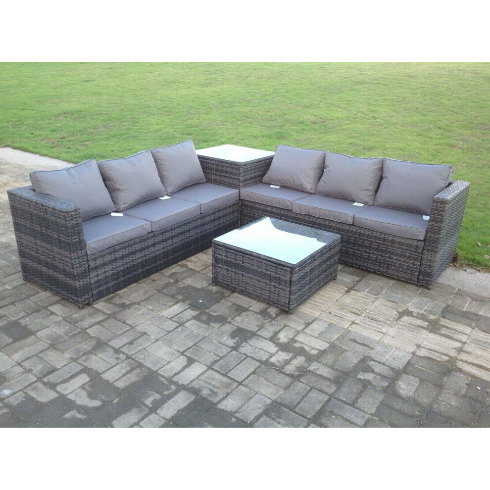 Fimous Dark Mixed Grey Outdoor Rattan Garden Furniture Set Corner Sofa 2 Tables