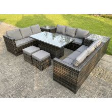Fimous U Shape Rattan Gardern Furniture Dining Sofa Set Adjustable Rising Dining Table With 2 Side Coffee Table Extra Stool
