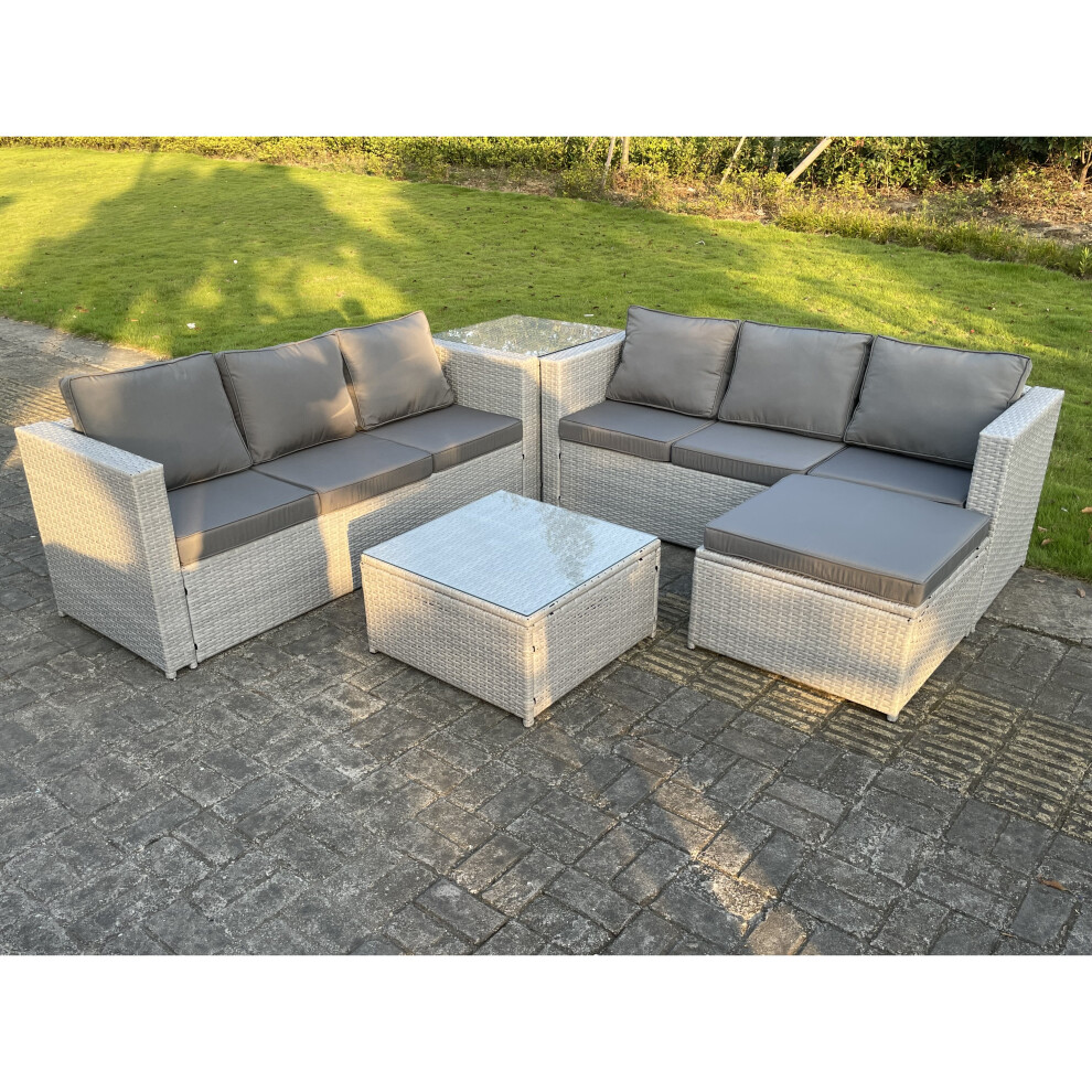 Fimous 7 Seater PE Wicker Light Grey Rattan Garden Corner Furniture Sofa Sets Outdoor Patio Furniture Big Footstool Coffee Table