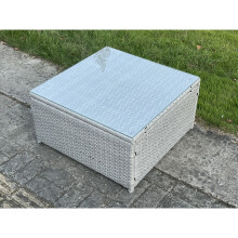 Fimous Light Grey Rattan Square Tea Coffee Table Outdoor Garden Patio Furniture With Clear Tempered Glass