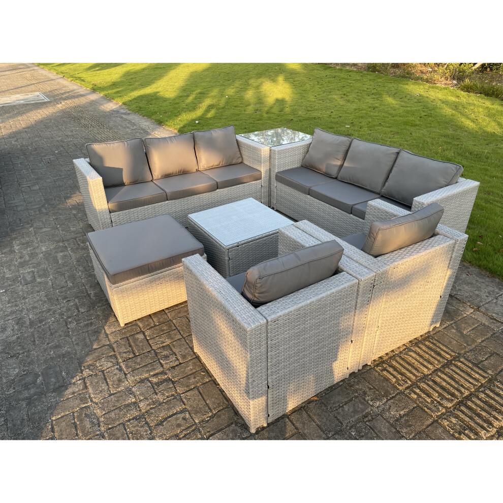 Fimous 9 Seater Light Grey Rattan Sofa Set Chairs 2 Coffee Table Footstool Outdoor Garden Furniture