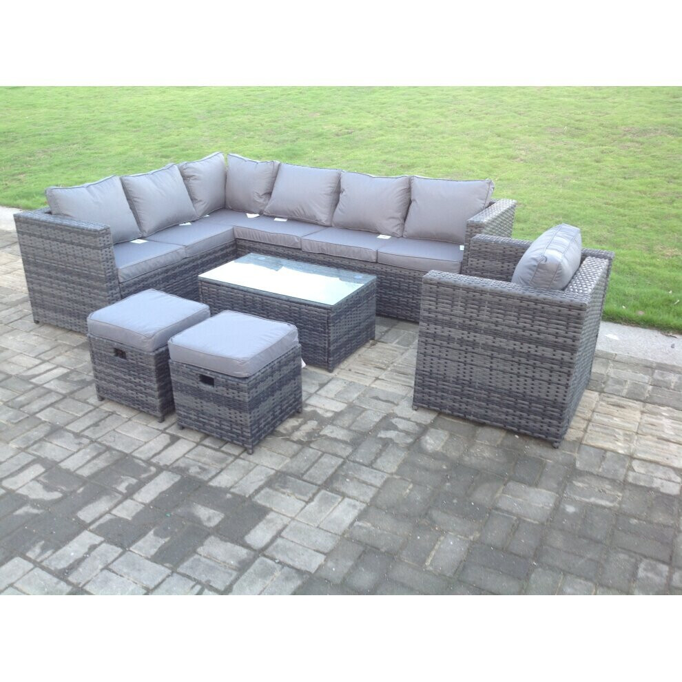 Light Grey U Shape Lounge Sofa Dining Set With Gas Heater Firepit Burner Side Coffee Tea Table