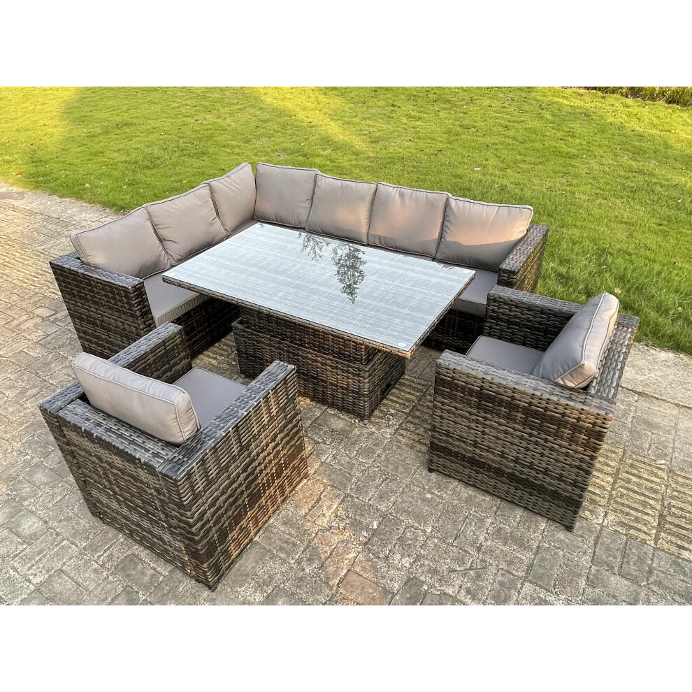 Rattan Garden Funiture Set Adjustable Rising Lifting Table Sofa Dining Set With 2 Arm Chair