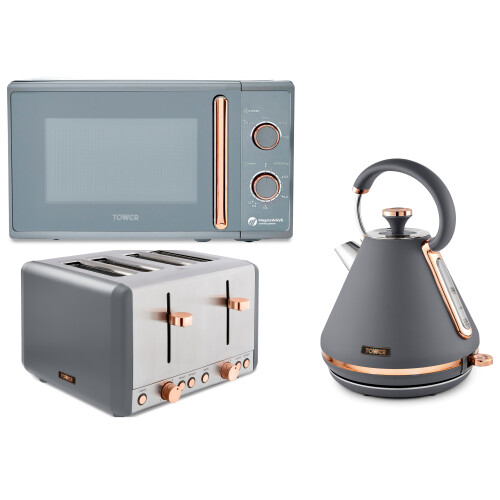 Tower Cavaletto Grey & Rose Gold Kettle 4 Slice Toaster & Microwave on