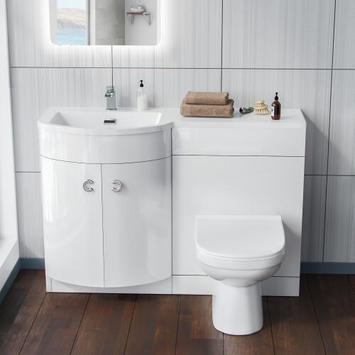 NES Home 1100mm Gloss White Basin Vanity Flat Pack Bathroom, WC Unit, BTW Toilet | Dene 1