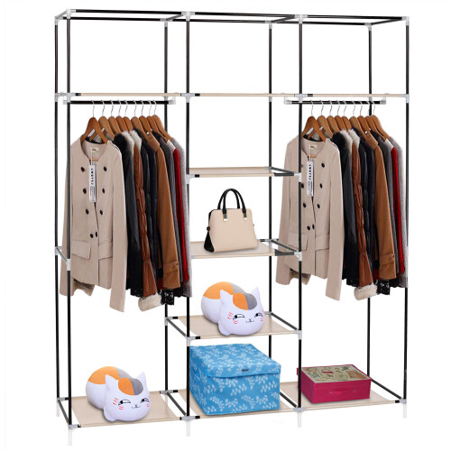 Folding Wardrobe Fabric Closet Clothes Storage Organiser Beige 2