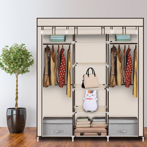Folding Wardrobe Fabric Closet Clothes Storage Organiser Beige 1