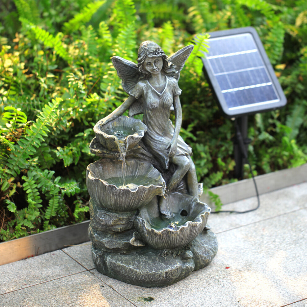 Living And Home Grey Fairy Led Lighted Resin Garden Water Fountain Water Feature With Solar Panel