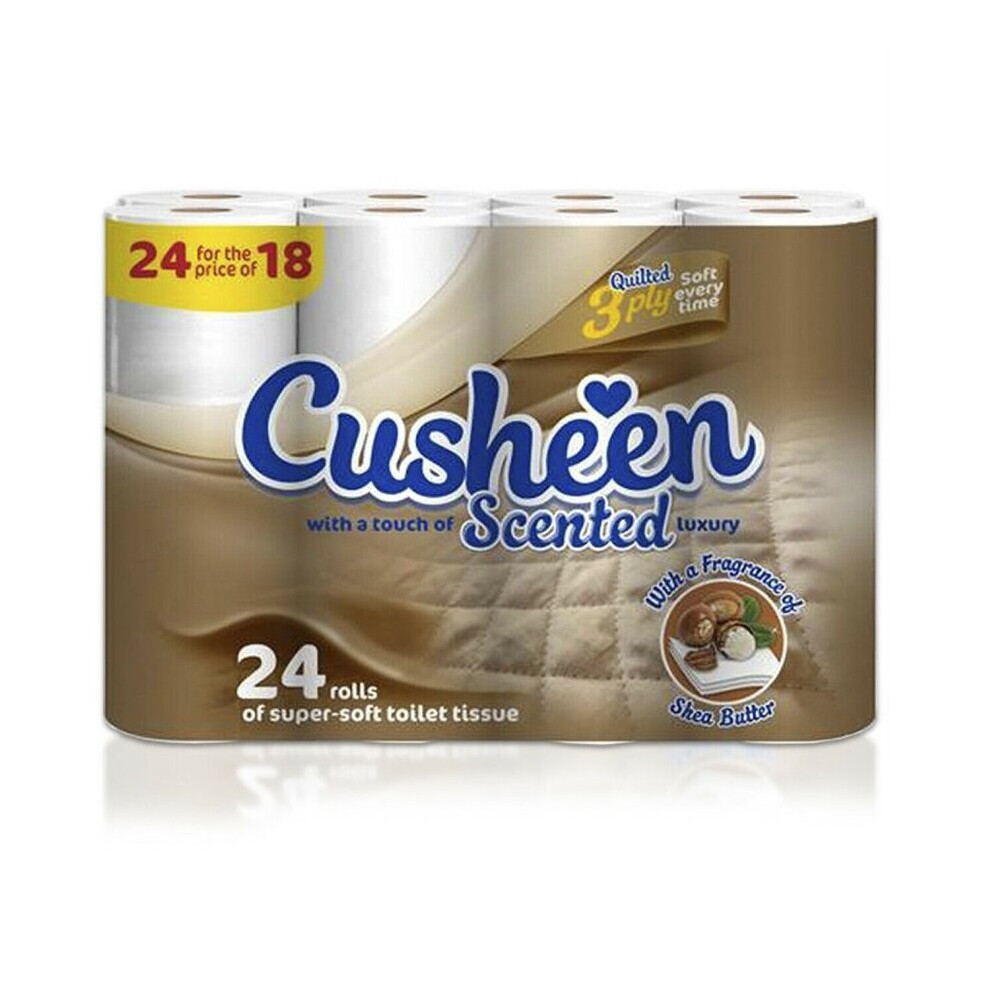 Cusheen Quilted Shea Butter 3 Ply Toilet Paper Rolls, 24 Rolls 